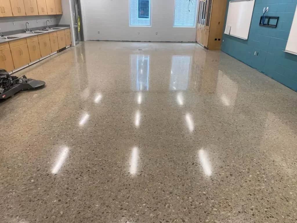 Polished concrete surface showing natural variation in the slab