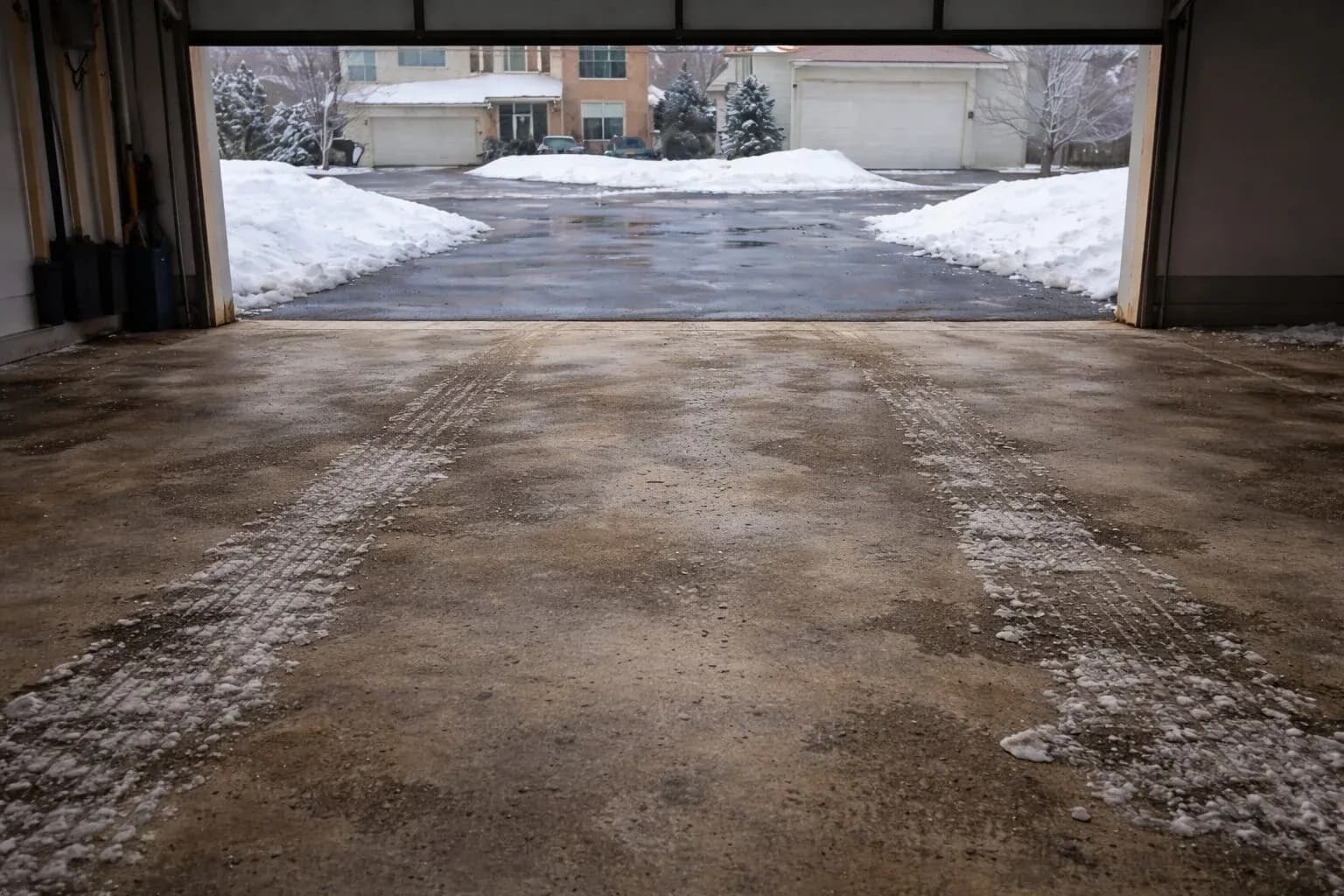 Road salt damage on a bare West Michigan garage floor in winter