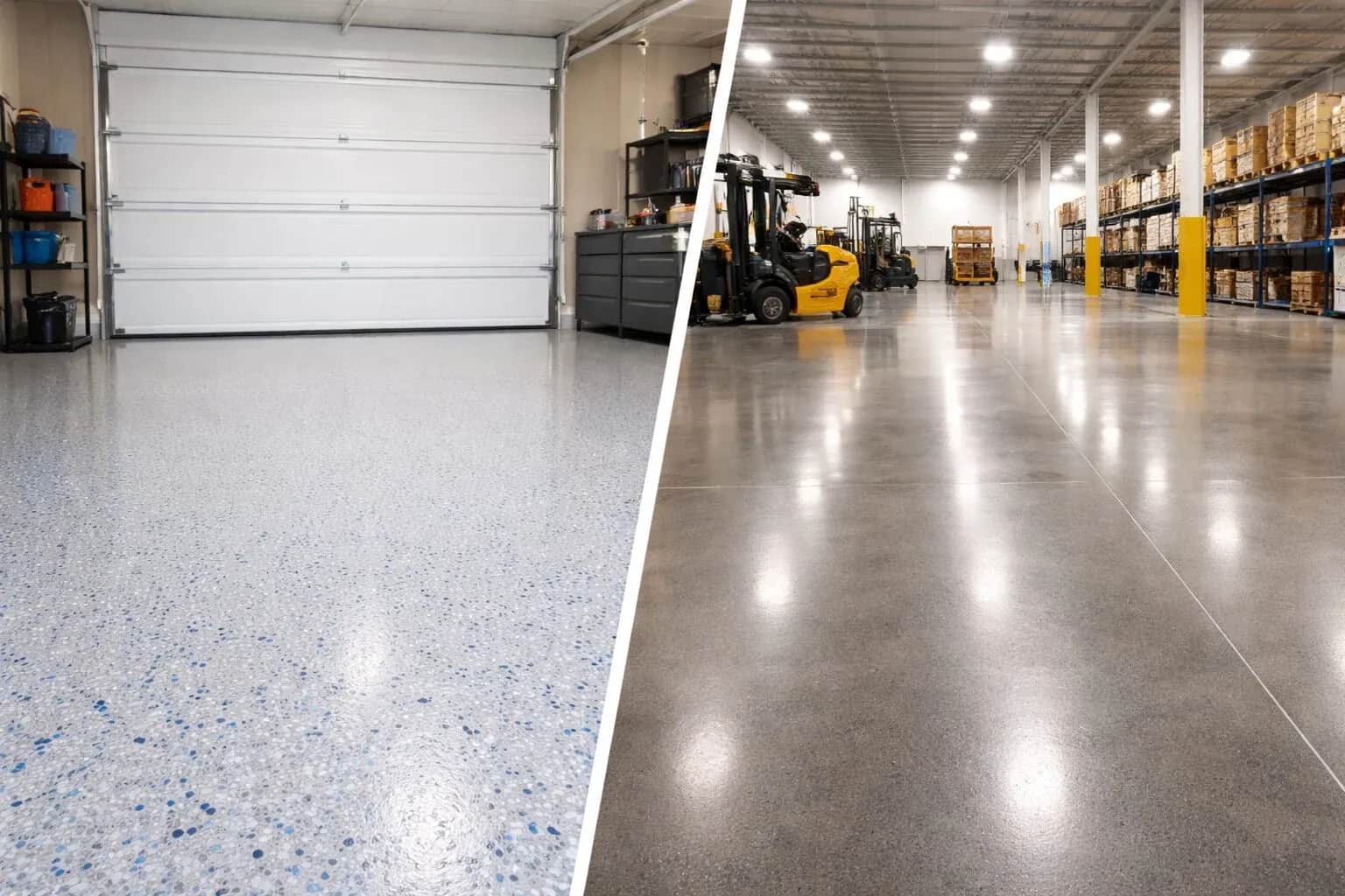 Split view comparing residential garage and commercial floor coatings