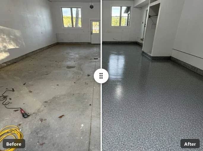Before and after AI garage floor preview of a West Michigan garage