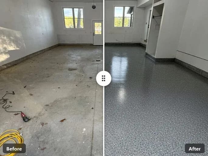 Before and after AI garage floor preview of a West Michigan garage
