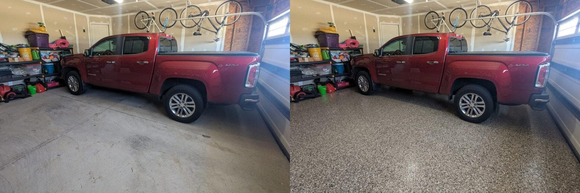 Side-by-side before and after photo of a garage floor: bare stained concrete on the left, a gray flake epoxy coating on the right
