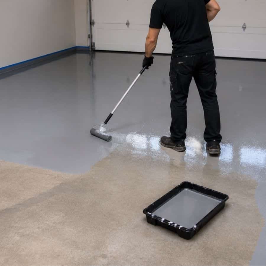 Worker rolling a gray basecoat onto prepared concrete
