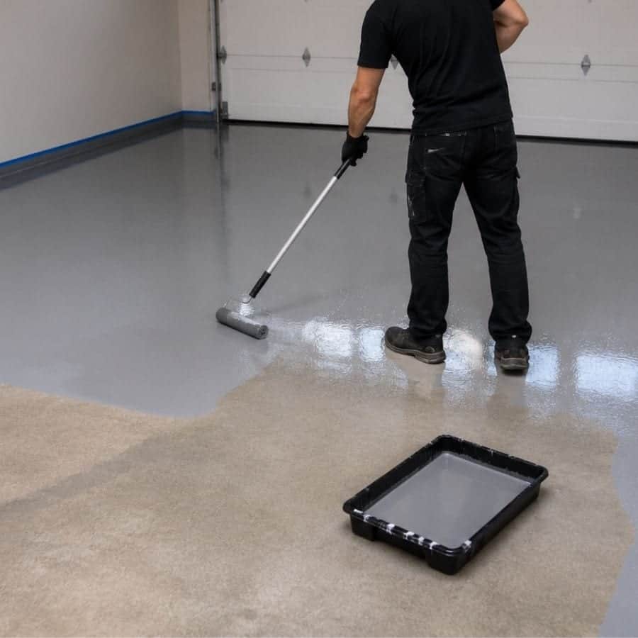 Applying an epoxy basecoat across a prepared concrete floor