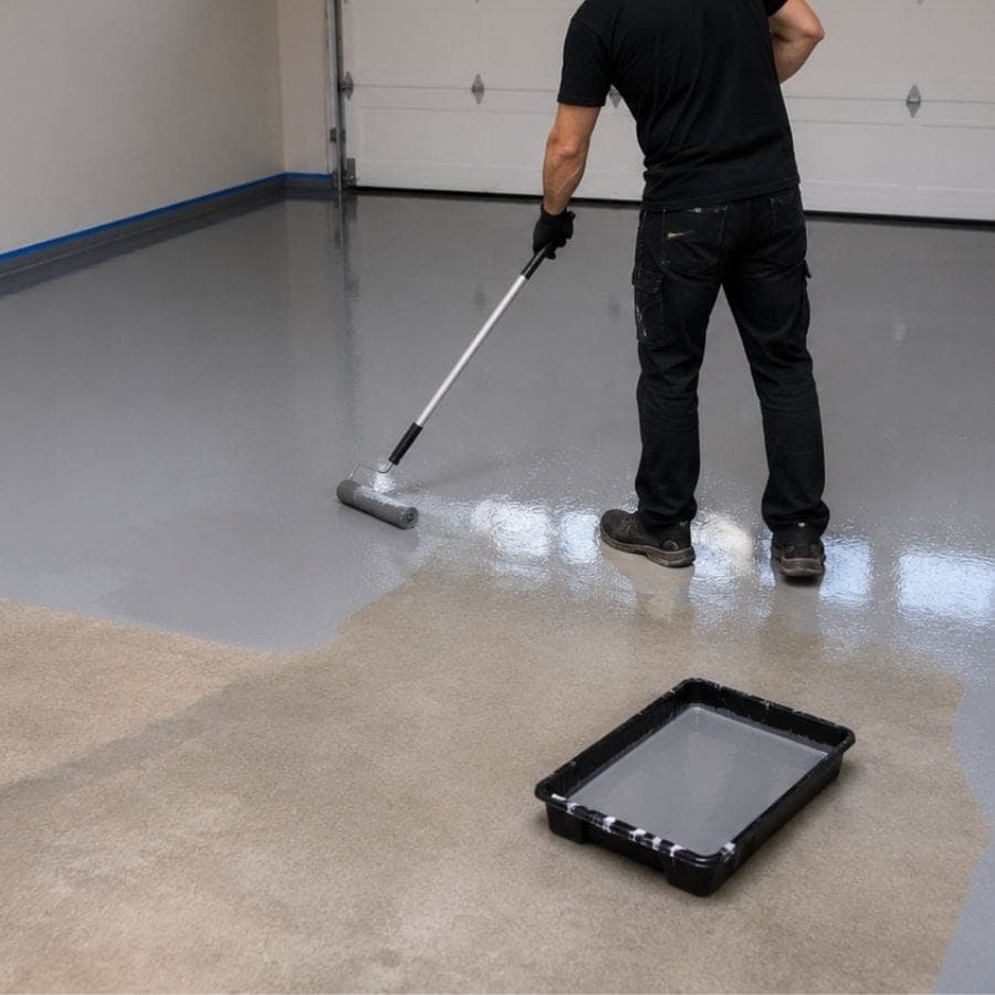 Epoxy base coat applied to prepared concrete for a West Michigan basement floor