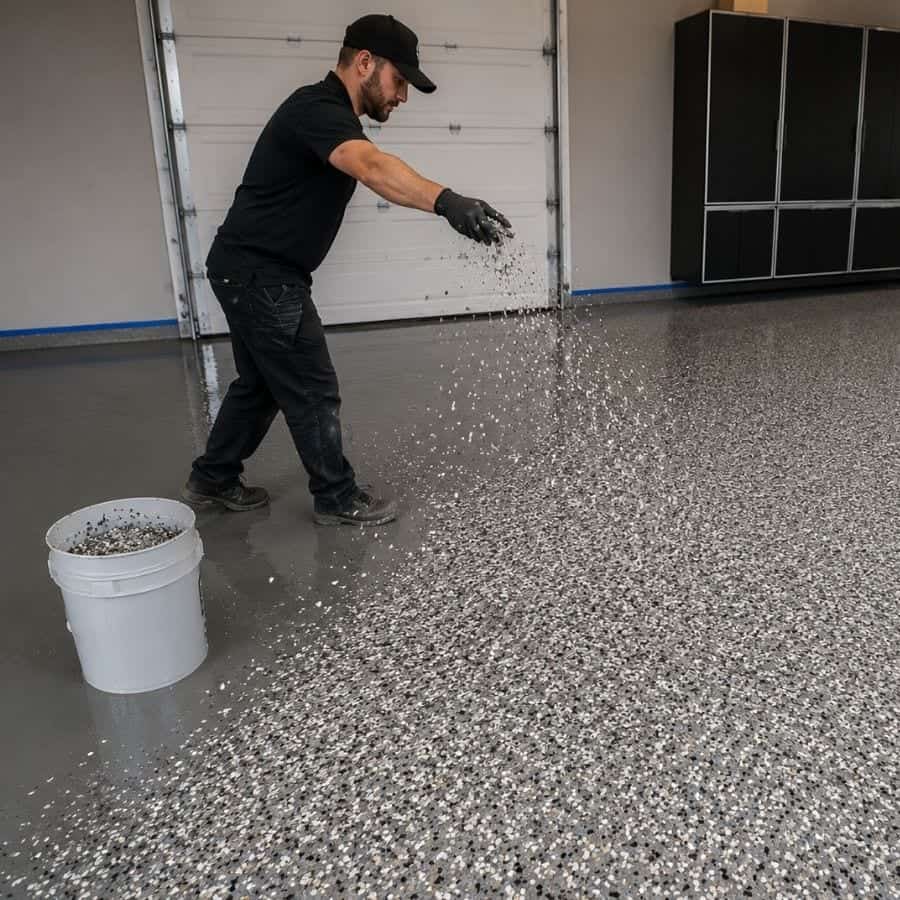 Gray epoxy basecoat being applied across prepared concrete