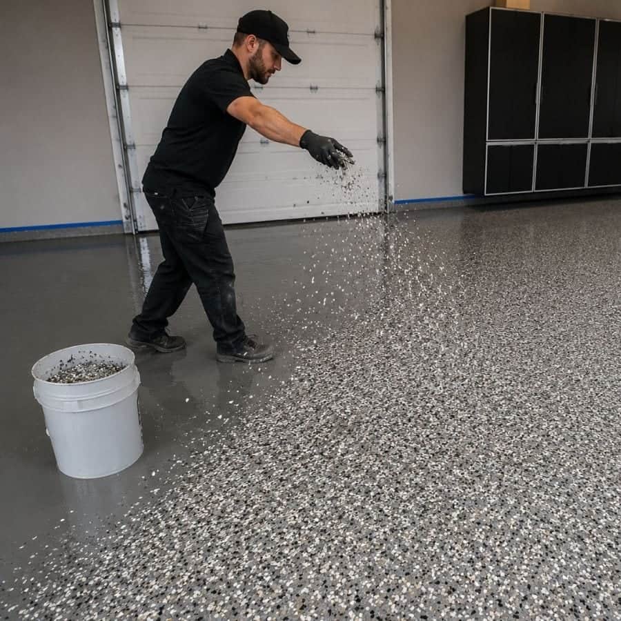 Decorative flake being broadcast across a concrete floor
