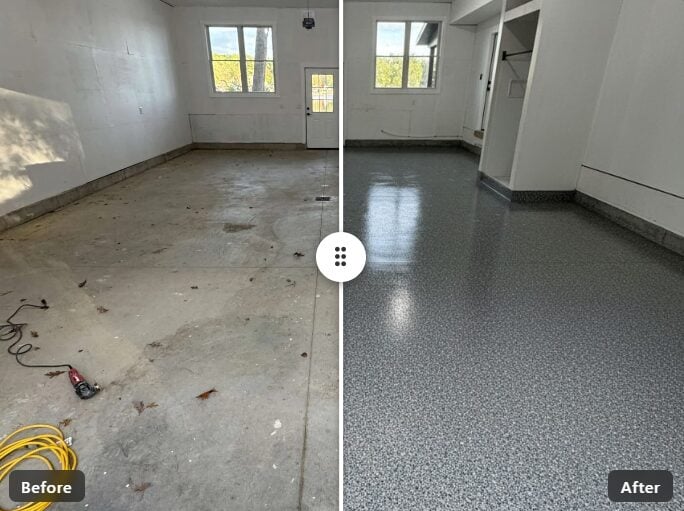 Before and after AI garage floor preview showing bare concrete transformed into a finished flake coating